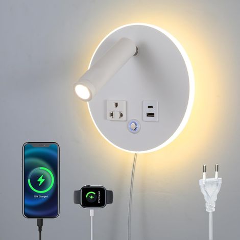Applique Murale LED Dimmable - 1 Unité - Métal Blanc Rond - Ports USB C+A et Commande Tactile - Lecture Salon Chambre - Câble Détachable (1/5)