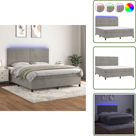 Cama de terciopelo - vidaXL Cama box spring colchón y LED terciopelo gris claro 160x200 cm - Cama con cabecero ajustable
