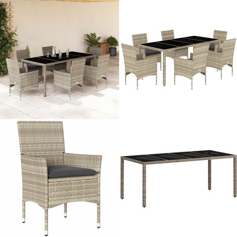 7-tlg. Garten-Essgruppe mit Kissen Hellgrau Poly Rattan & Glas - Gartentisch - Gartenmöbel Set - Outdoor Möbel - Esstisch - Gartenset - Home & Living (1/5)