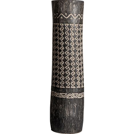Vase en bois de palmier sculpté contemporain - brun foncé motifs beiges (1/4)