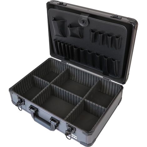 Mallette à outils en aluminium vide avec 17 compartiments à insérer pour outils, grande caisse à outils avec compartimentage réglable  46 x 33 x 15 cm  anthracite-noir (1/5)
