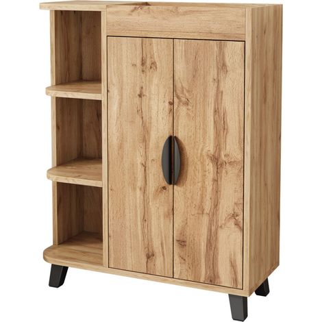 Meuble à chaussures étroit aspect bois clair 80x32x99 cm avec 2 portes, niches ouvertes et tablette supérieure pour entrée ou petits espaces (1/5)