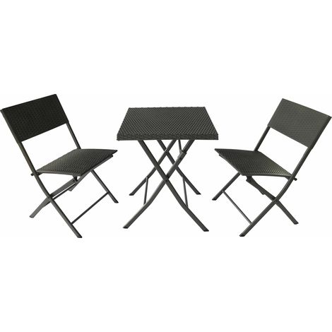 Set Tavolino e 2 Sedie Pieghevoli da Giardino in Acciaio e Rattan Becker Nero