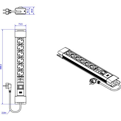 BACHMANN CONNECTUS 6xCEE7/3 1xSPD 1xInterruttore 2,0m CEE7/7 Grigio, BM005904