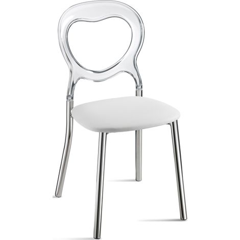 Lot de 2 chaises design romantique avec dossier en forme de cœur – Transparente  Métal chromé  Assise rembourrée Couleur claire