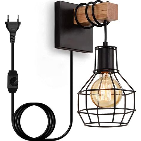 Vintage-Wandleuchte aus Holz für den Innenbereich, dimmbare Retro-Wandleuchte mit Stecker und Schalter, industrielle Metallkäfig-Nachttischlampe für Schlafzimmer, Wohnzimmer und Treppenhaus, Schwarz ( (1/5)