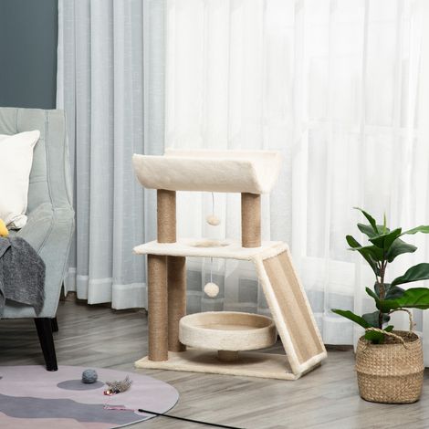 PawHut Cozy Chic Design Katzenbaum mit vielen Funktionen: Aktivitätszentrum, Kratzstämme, Plattformen, Bett, Spielball, Hängematten aus Holz und kurzem Sisalplüsch, 60 x 30 x 76 cm, Hellbraun