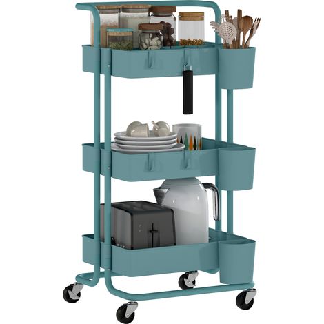 Dreistöckiger Servierwagen mit 4 Haken und 3 abnehmbaren Hängeboxen, 42 x 38 x 86,5 cm, blaugrün