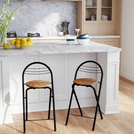 Tabouret de bar pliable pratique avec dossier, adapté intérieur extérieur et divers espaces, 2 pièces, pieds noirs, assise marron