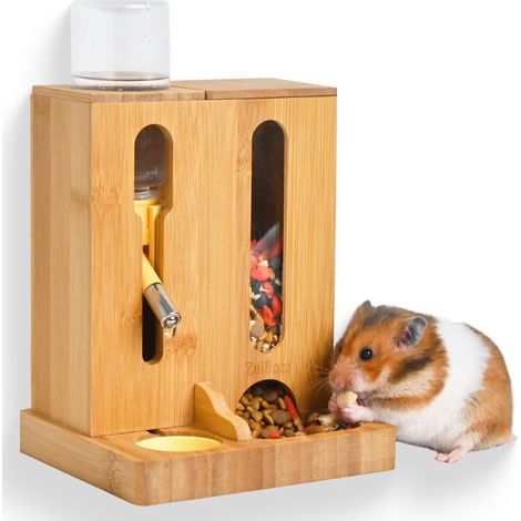 Station d'alimentation pour hamster avec porte-bouteille d'eau et gamelle de nourriture, support en bois de bambou, hauteur réglable, structure double couche, fenêtre en acrylique, accessoires de cage (1/5)