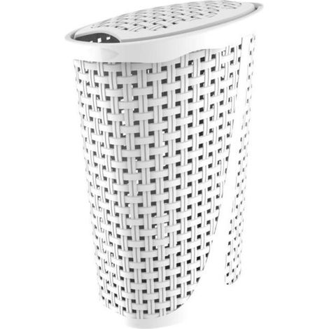 1 corbeille à linge, 43 L, blanc, design tressé, plastique léger, rangement salle de bain ou chambre