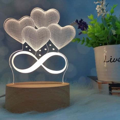 Lampe Acrylique, Veilleuse De Ballons De Coeur d'Amour d'Illusion 3d, Lampe d'Amour Led Cadeau Personnalisée,La Saint-Valentin