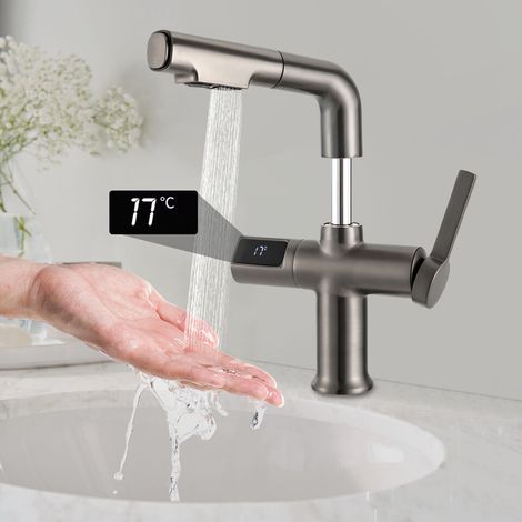 Robinet de Cuisine Extractible 2 Modes, Affichage LED Température, 360° Pivotant, Hauteur Relevable 8cm - Laiton Anti-corrosion, Cartouche Céramique - Idéal pour Évier, Lavabo (1/5)