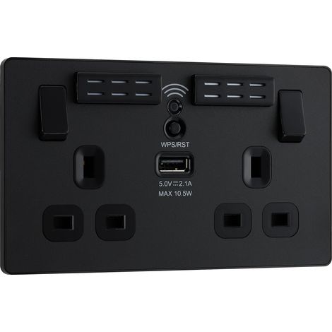 Prise murale à double interrupteur avec port de charge USB de type A et rallonge Wi-Fi, noir mat, 13 A (1/5)