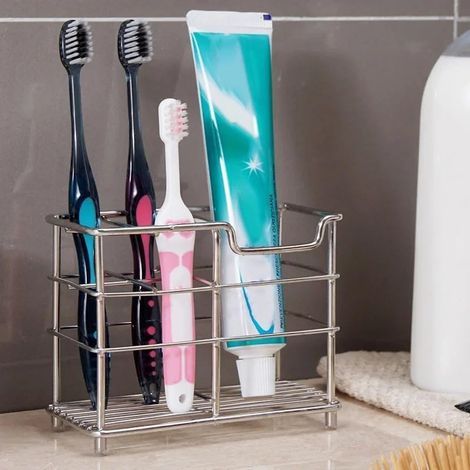 Stainless steel toothbrush holder, storage rack for electric toothbrushes, bathroom accessory storage rack, four silver squares. (1/5)