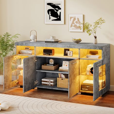 Credenza MDF grigio cemento 140 x 40 x 70 cm con ante in vetro temperato, LED integrato e 6 scomparti (1/5)