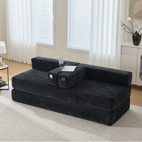 Divano modulare 198x79x60 cm in ciniglia nera con tasche laterali – MEUBLIV (1/5)