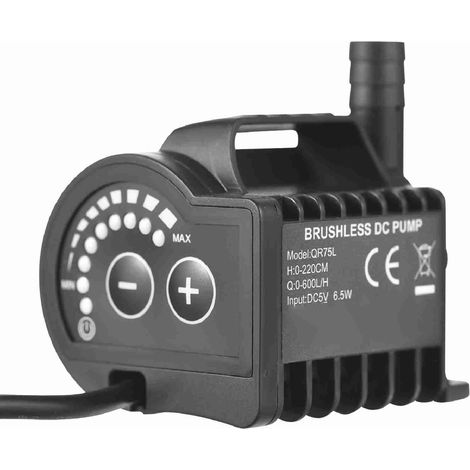 Pompe Submersible 5V QR75L Mini pour Aquarium/Fontaine avec Suction Cup Base, 8 NIVEAUX D'ADJUSTABLE FLOW et LIFT jusqu'à 7.2ft, EFFICIENT et SILENCIEUX, Flow jusqu'à 600L/H, incl. Filter, USB Chargin (1/5)