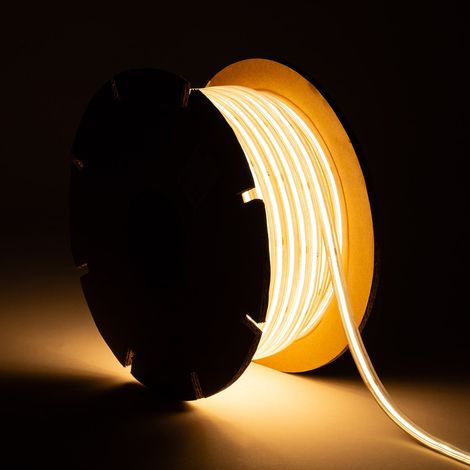 Tira LED Regulable 220V COB Autorrectificada 560 LED/m BOBINA 50m 14W/m 1250lm/m SILICONE FLEX IC-2P Ancho 10mm Corte 10cm IP65 2700K Blanco Cálido
