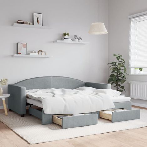 Lit de jour avec gigogne et tiroirs-Canapé-lit avec Rangement gris clair 90x190 cm tissu 465257 (1/5)