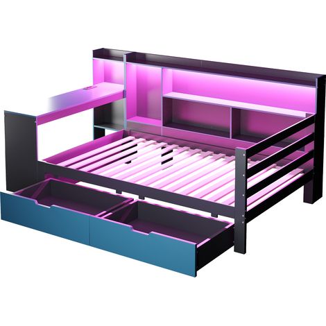 Lit canapé en bois 90 x 200 cm, avec bureau, bibliothèque, compartiments de rangement et étagères, éclairage intégré et prises, tiroirs, lit multifonction en bois, noir + bleu (1/5)