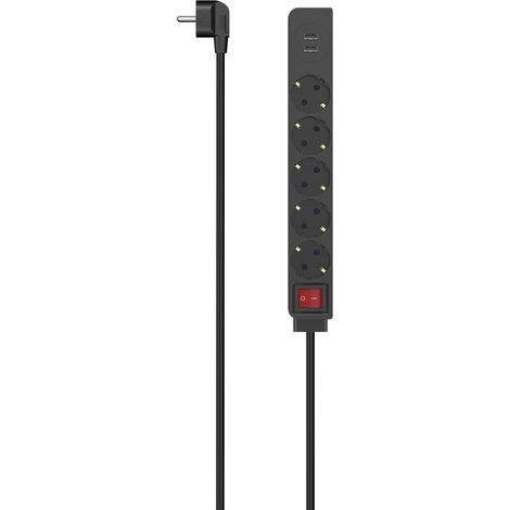 MULTIPRISE, 5 PRISES, USB-A 17 W, INTERRUPTEUR, 1,4 M, NOIRE HAMA