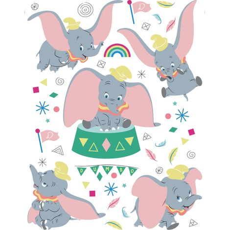 sticker mural Dumbo gris, rose clair et vert  - Disney