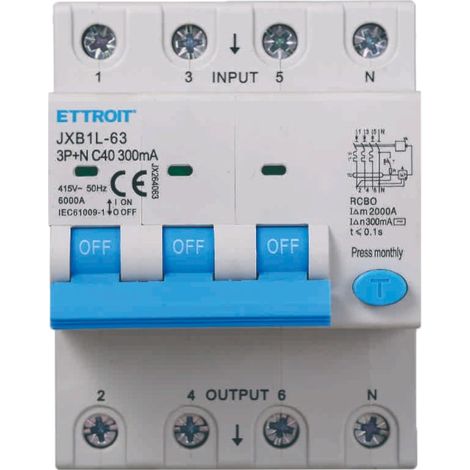 Disjoncteur différentiel 3P+N 40A 6kA 300mA 380V occupe 4 modules DIN Ettroit JX264063 (1/4)