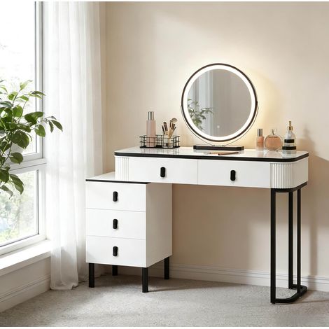 Tavolo da trucco in MDF, vetro e metallo, nero e bianco, con specchio LED girevole 360° (1/5)