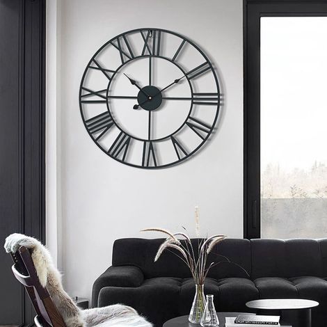 Grande horloge murale vintage ronde, métal, silencieuse, sans tic-tac, fonctionne sur pile, 40cm, chiffres romains noirs, décoration salon, chambre, cuisine noire (1/3)