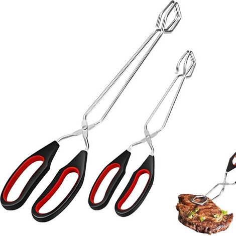 Pinze da barbecue. Due pinze da barbecue in acciaio inox. Pinze da barbecue di piccole dimensioni con manici antiscivolo e resistenti al calore. Per girare e tenere il cibo sulla griglia. (1/5)