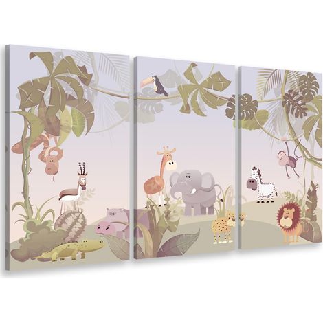 Tableau triptyque enfant scène d'animaux dans la jungle - 90x60 cm (1/4)
