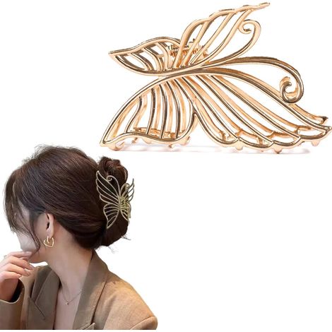 Grande fermaglio per capelli da donna in metallo placcato oro, con un elegante design a farfalla. Accessorio resistente e volumizzante con tenuta forte, adatto all'uso quotidiano. (1/4)