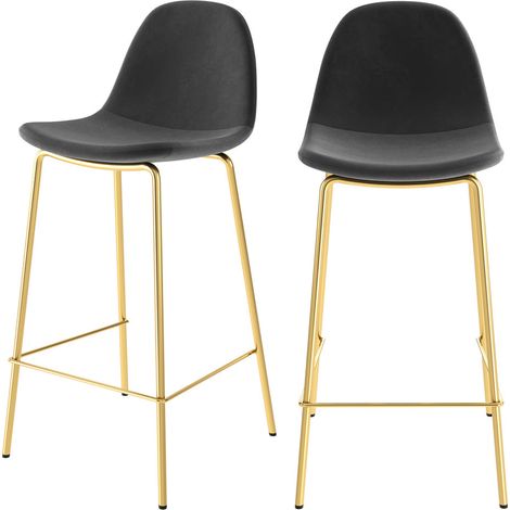 Rendez-Vous Déco – Lot de 2 chaises îlot central 65 cm en velours noir et doré – Hauteur d'assise 65 cm – Piètement métal doré – Coque enveloppante