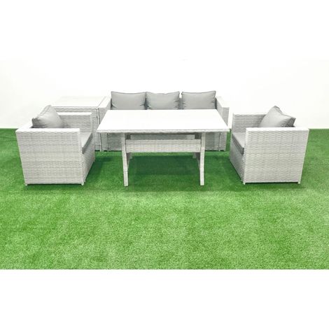 Fimous Gartenmöbel-Set aus Rattan mit Sofa Esstisch 2 Sesseln Beistelltisch Hellgrau gemischt (1/5)