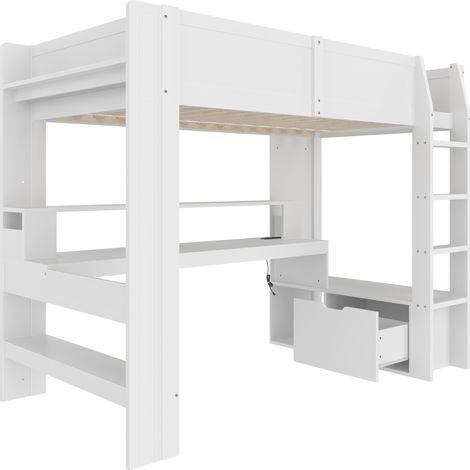 Cama alta 90 x 200 cm con escritorio, cajones, estantes y LED de 16 colores, blanca (1/5)