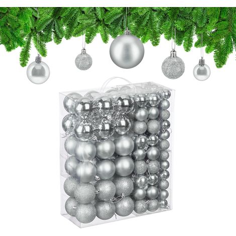 Relaxdays Weihnachtskugeln im 138er Set, Kunststoff, glitzernde, matte, glänzende Baumkugeln, Christbaumschmuck, silber (1/5)
