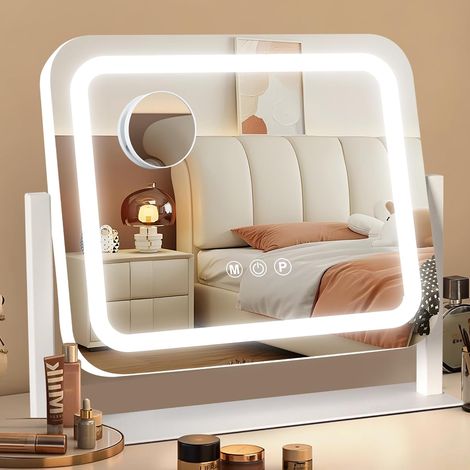 Miroir Coiffeuse, 35 x 30 CM Miroir de Maquillage LED avec éclairage à 3 Couleurs et Intensité Réglable, Commande par écran Tactile Intelligent, Pivotant à 360°, 14"× 12", Blanc (1/5)