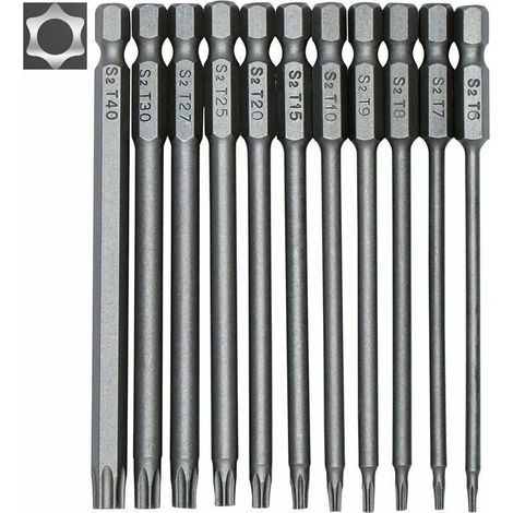 11 embouts Torx longs, magnétiques, tige hexagonale 6,35 mm, T6 à T40, 100 mm, pour visseuses électriques et tournevis manuels (1/4)