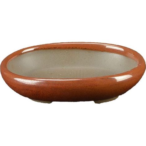 Vaso per bonsai Giapponese Morrisan ovale in gres smaltato marrone mogano 9,5x7x2 cm - B02-8-10F