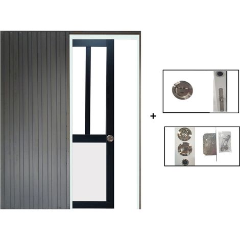 Porte Coulissante Atelier noir et panneau blanc  Vitree H204 x L73 + Système à Galandage (sans kit finition) (1/5)