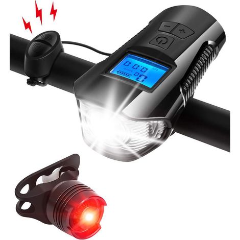 Ensemble d'éclairage LED pour vélo avec compteur de vitesse (mph), compteur de vitesse rechargeable par USB avec sonnette puissante, étanche (1/5)