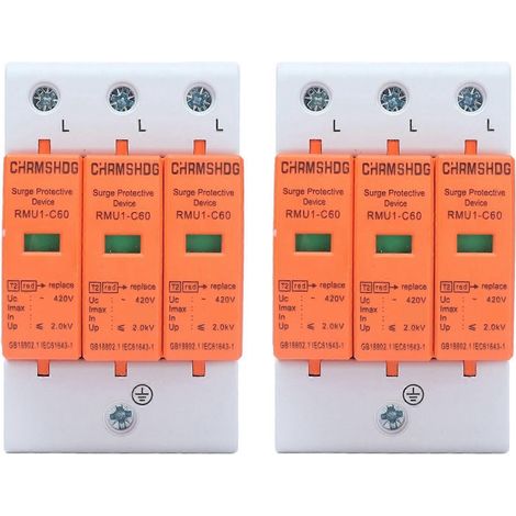 2 Stück Überspannungsschutzgeräte für DIN-Schienenmontage, 3-poliger Ableiter, AC 420 V, RMU1‑C60, Imax: 60 kA