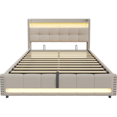 Letto contenitore imbottito 180x200 cm con LED, USB e testiera con mensole beige MODENUIT (1/5)