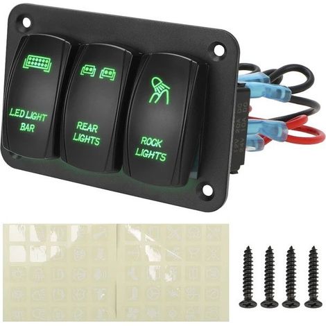 Rocker switch control panel, 2/3 position rocker switch, 12V/24V, car/yacht modification switch with LED light - 3-position green - (1/4)
