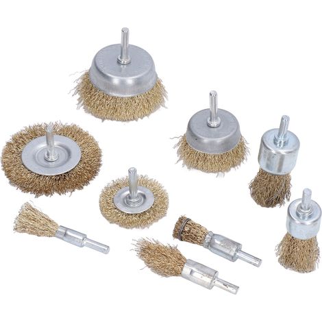 Set aus 9 rotierenden Bürsten aus Edelstahl und Messing zum Abbeizen, Reinigen und Entfernen von Rost auf Metall und verschiedenen Oberflächen. (1/5)