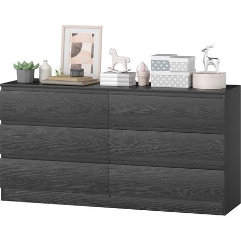 Commode 6 tiroirs moderne noir aspect bois 140x40x71 cm pour chambre salon bureau