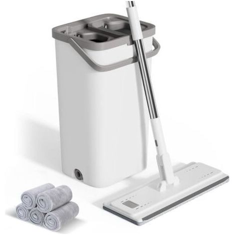 Serpillère Seau Essoreur, Balai Serpillère Microfibre Plat avec 5 Serpillères Réutilisables, Serpillère et Seau Essoreur avec Manche INOX, 2 en 1 Seau Serpillere pour Nettoyage Tous(Blanc)
