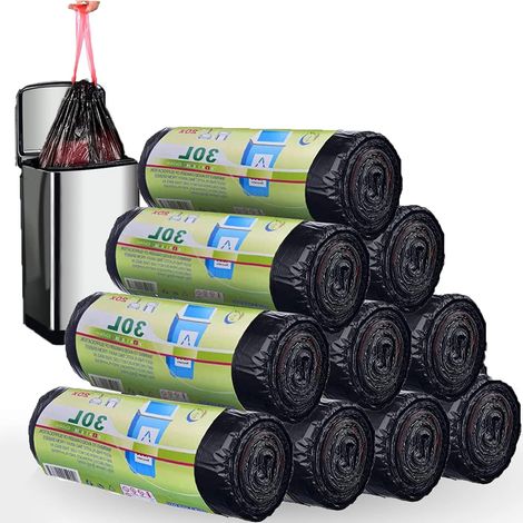 Lot de 200 Sacs Poubelle 30L avec Poignees - Sac Poubelle Lien Coulissant, Recycles, Resistant, Anti-Fuites, Sac Poubelle Rectangulaire 30 litres Taille Large 64 x 54 cm Noir (1/5)