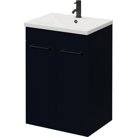 Napoli 460 Deep Blue 600mm 2 Door Vanity Unit with Glide Basin - 600mm - Matt Black 160mm Handle